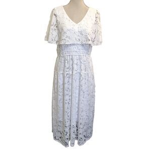 White Floral Lace Maxi Dress PocketsSz 14P Rabbit Rabbit Rabbit Bridal Romantic